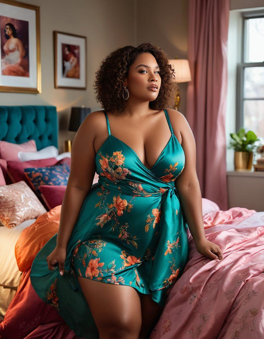 A confident plus-size woman embracing her femininity, surrounded by flowing, vibrant fabrics and soft lighting that accentuates her curves. She stands in a stylish bedroom adorned with tasteful adult-themed artwork, reflecting empowerment and allure. Include a variety of supportive items like lingerie, fashion accessories, and books about self-love. The atmosphere should be inviting and celebratory, blending elegance with comfort. super-realistic. vibrant colors. soft focus.