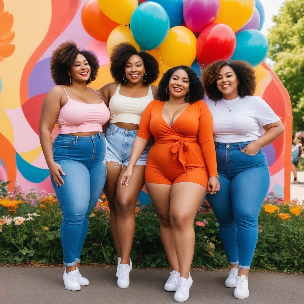 A diverse group of confident individuals of various body shapes and sizes, joyfully celebrating their curves in a vibrant park. Colorful murals in the background express body positivity, while soft sunlight creates a warm atmosphere. The individuals are dressed in bright, fashionable attire, radiating happiness and self-love. Incorporate playful elements like flowers and balloons to enhance the joyous theme. vibrant colors. super-realistic.